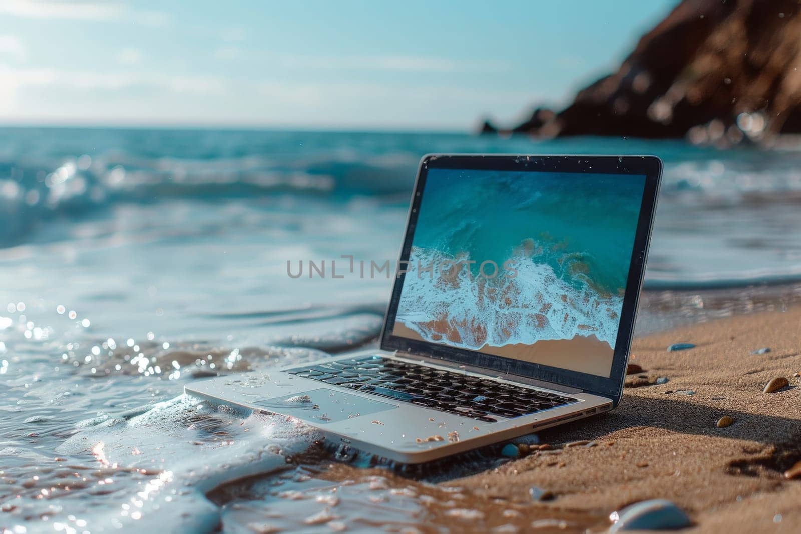 digital nomad life style on the beach with laptop, summer vacation holiday, banner or background.