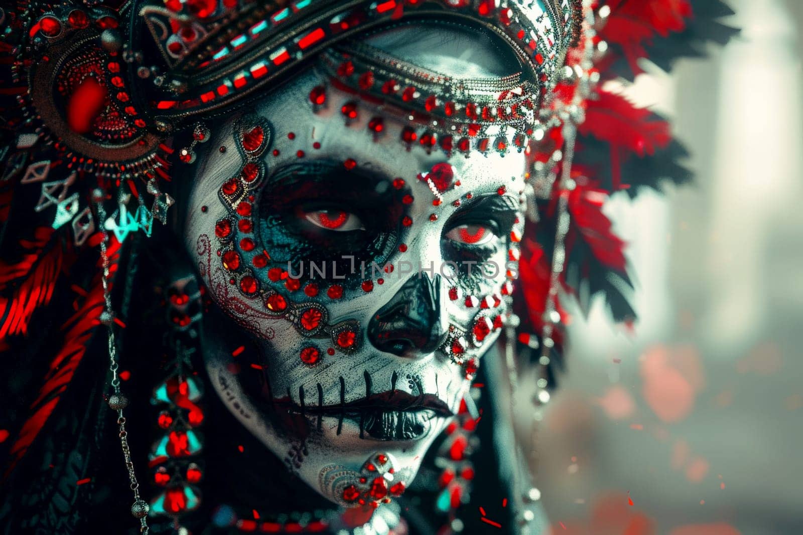 Day of The Dead. Woman with sugar skull makeup on a floral background in the street. AI Generated.