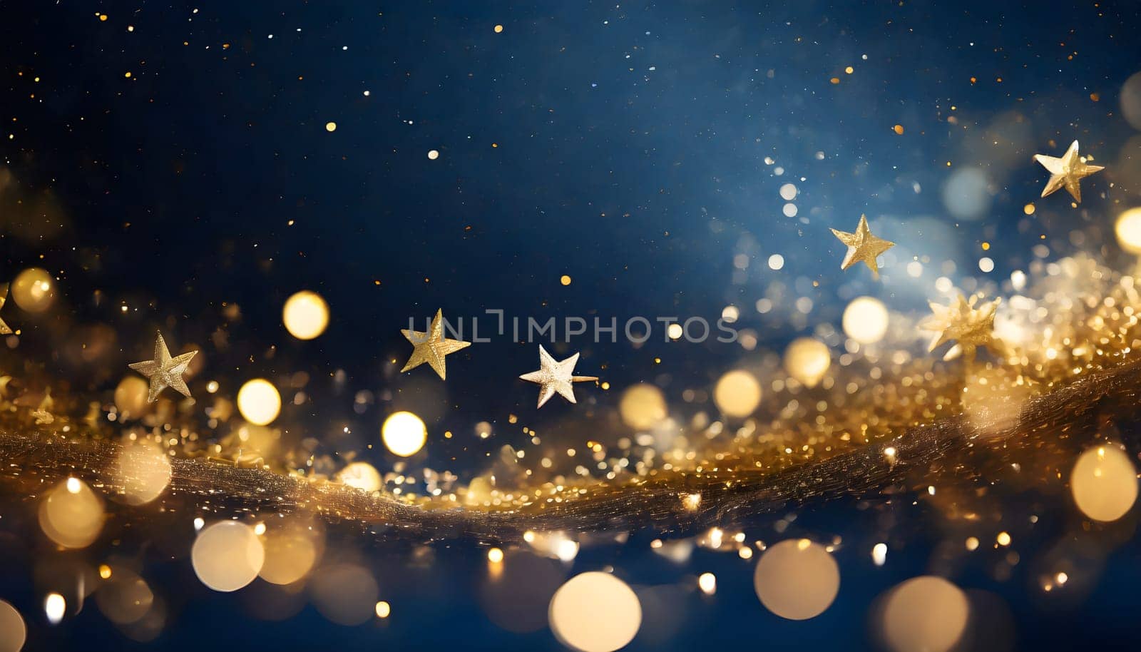 A stunning winter wonderland with golden particles dancing in the air, creating a mesmerizing bokeh effect against a deep navy background by Designlab
