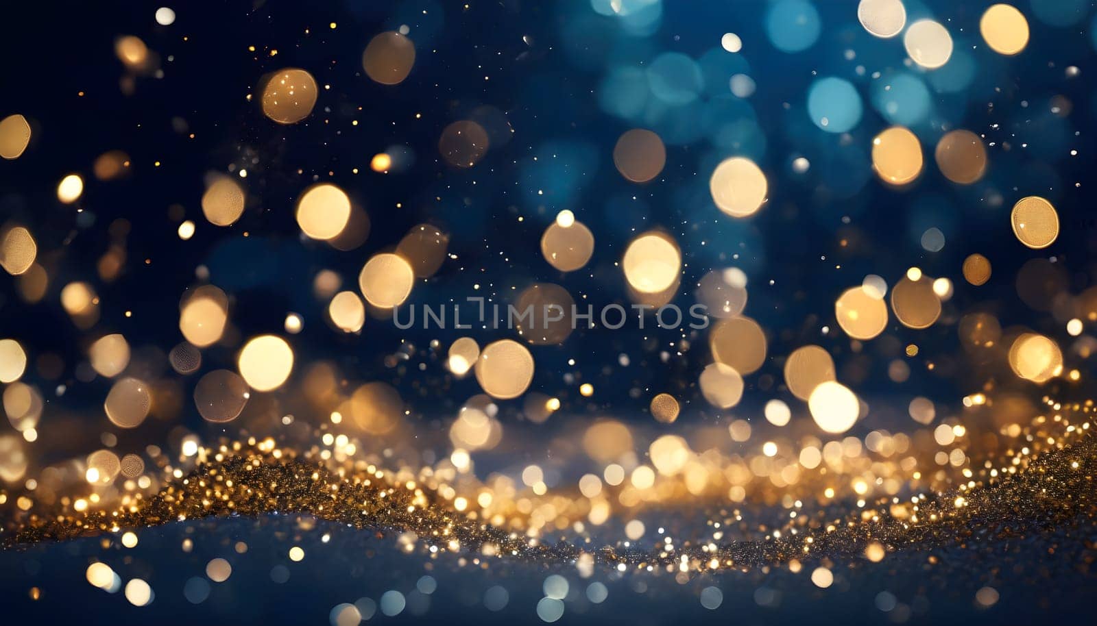 A stunning winter wonderland with golden particles dancing in the air, creating a mesmerizing bokeh effect against a deep navy background by Designlab
