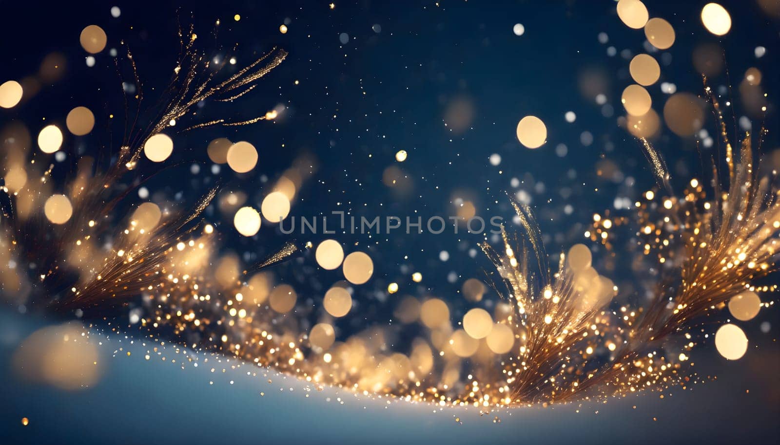 A stunning winter wonderland with golden particles dancing in the air, creating a mesmerizing bokeh effect against a deep navy background.