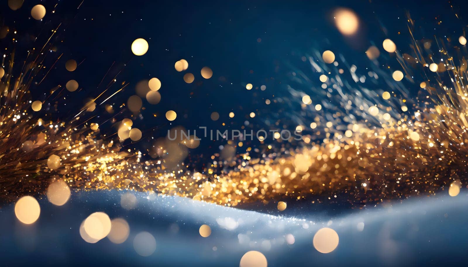 A stunning winter wonderland with golden particles dancing in the air, creating a mesmerizing bokeh effect against a deep navy background c