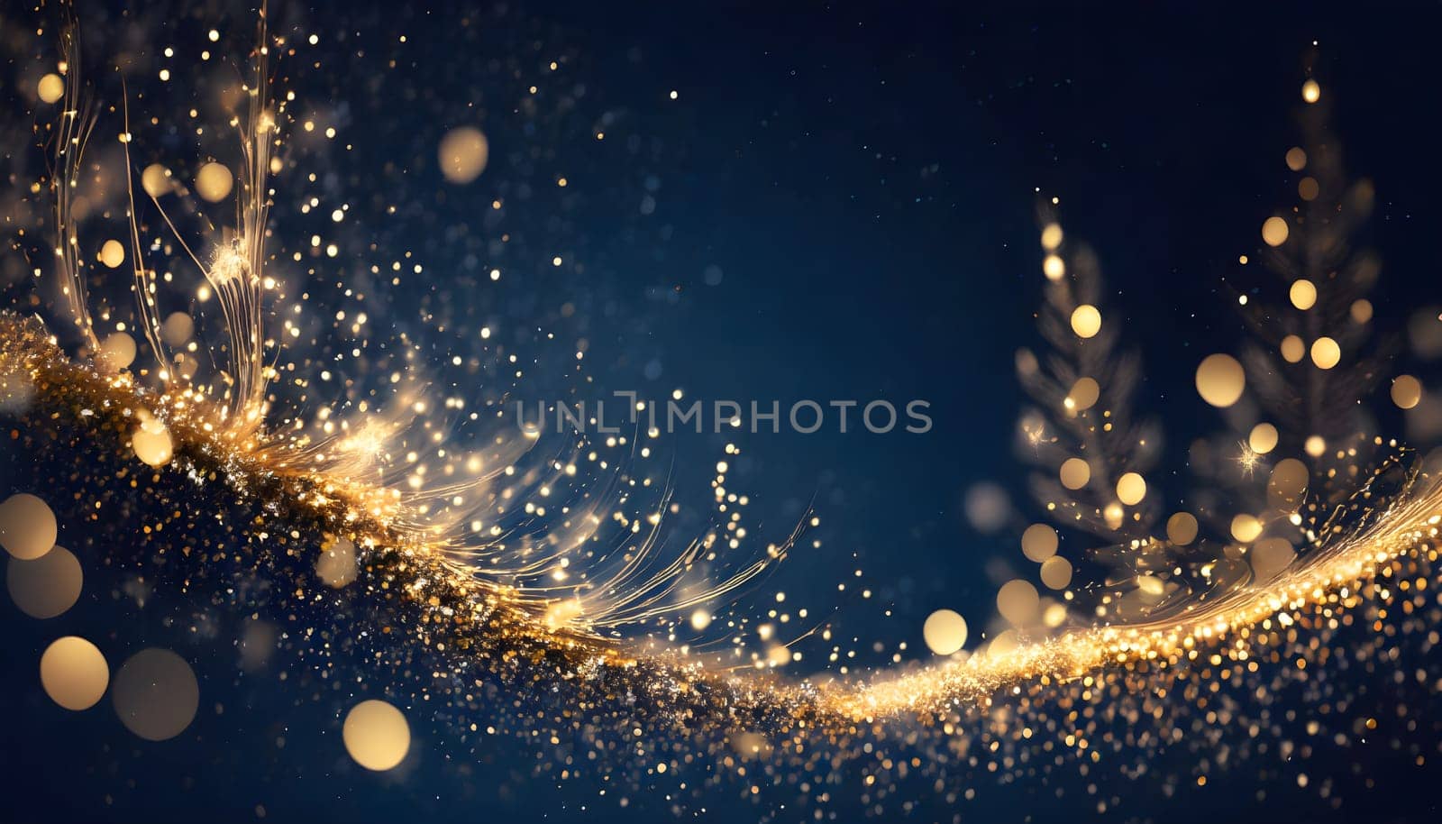 A stunning winter wonderland with golden particles dancing in the air, creating a mesmerizing bokeh effect against a deep navy background 2024