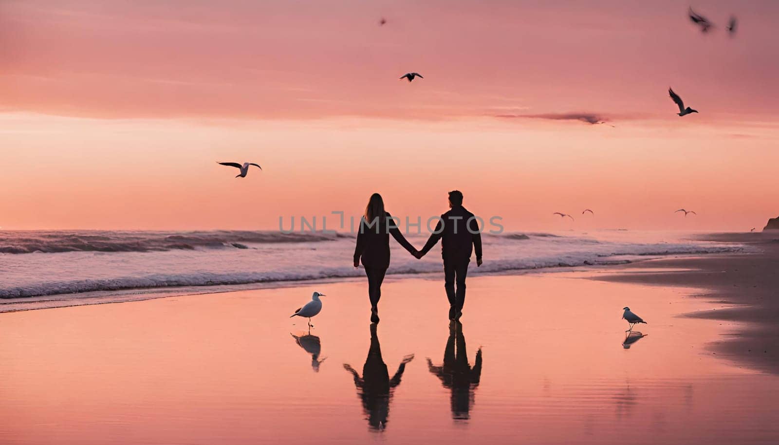 A couple holding hands and walking on a beach at sunset. The sky is orange and pink, and the ocean is calm. There are some seagulls flying in the distance. Happy Valentine's Day by Designlab