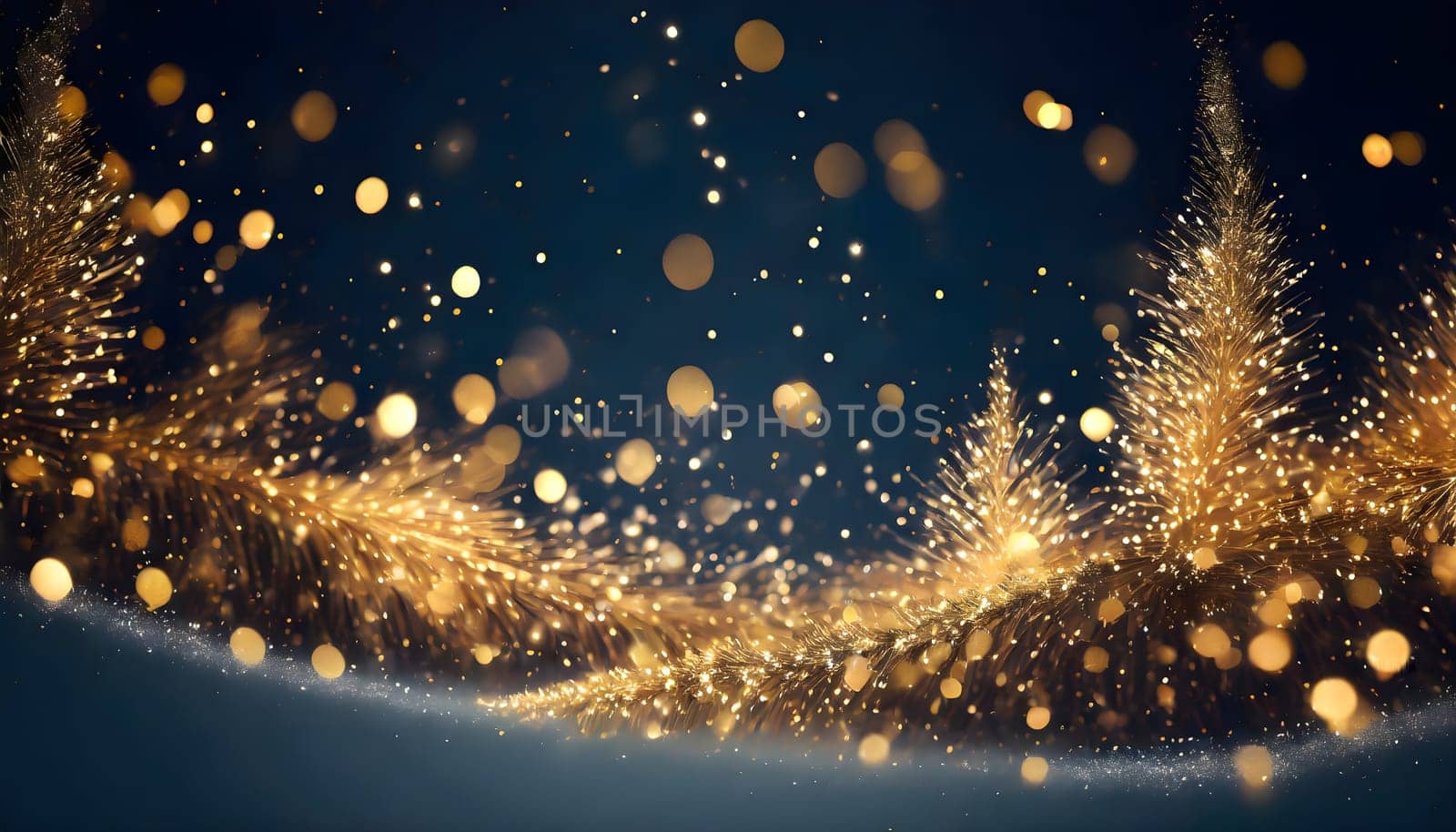 A stunning winter wonderland with golden particles dancing in the air, creating a mesmerizing bokeh effect against a deep navy background c