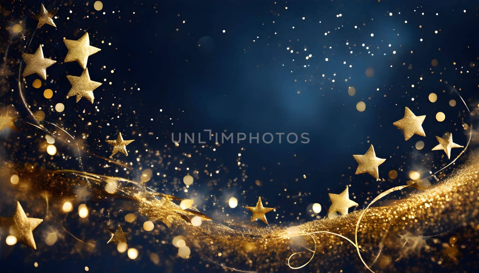 Happy New year, 2024 Christmas background with gold stars and sparkling. Abstract background with Dark blue and gold particle. Christmas Golden particles bokeh on navy background x