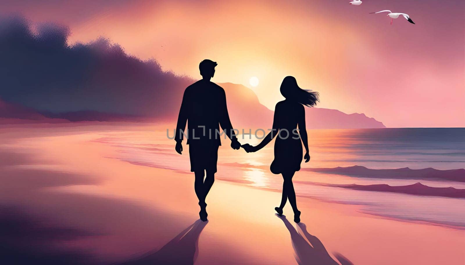 A happy couple on a beach at sunset. Happy Valentine's Day by Designlab