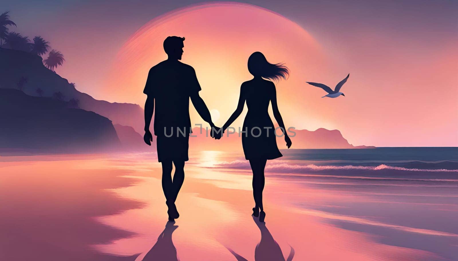 A couple on a beach at sunset. Happy Valentine's Day. by Designlab