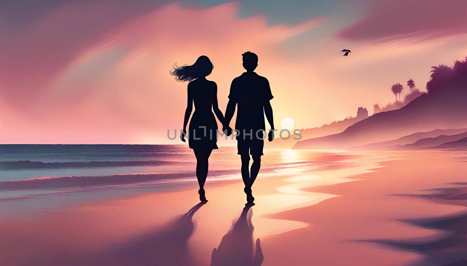 A couple on a beach at sunset. Happy Valentine's Day.