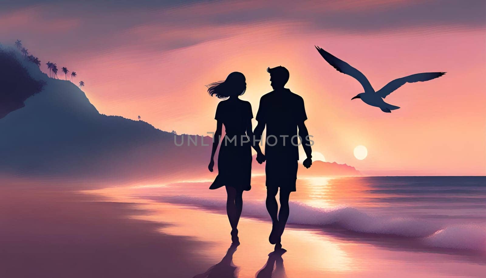A couple holding hands and walking on a beach at sunset. The sky is orange and pink, and the ocean is calm. There are some seagulls flying in the distance. Happy Valentine's Day by Designlab