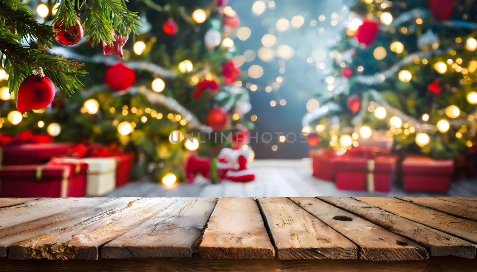 Holidays background with illuminated Christmas tree, gifts and decoration in background and a wooden table with of free space for your decoration. by Designlab