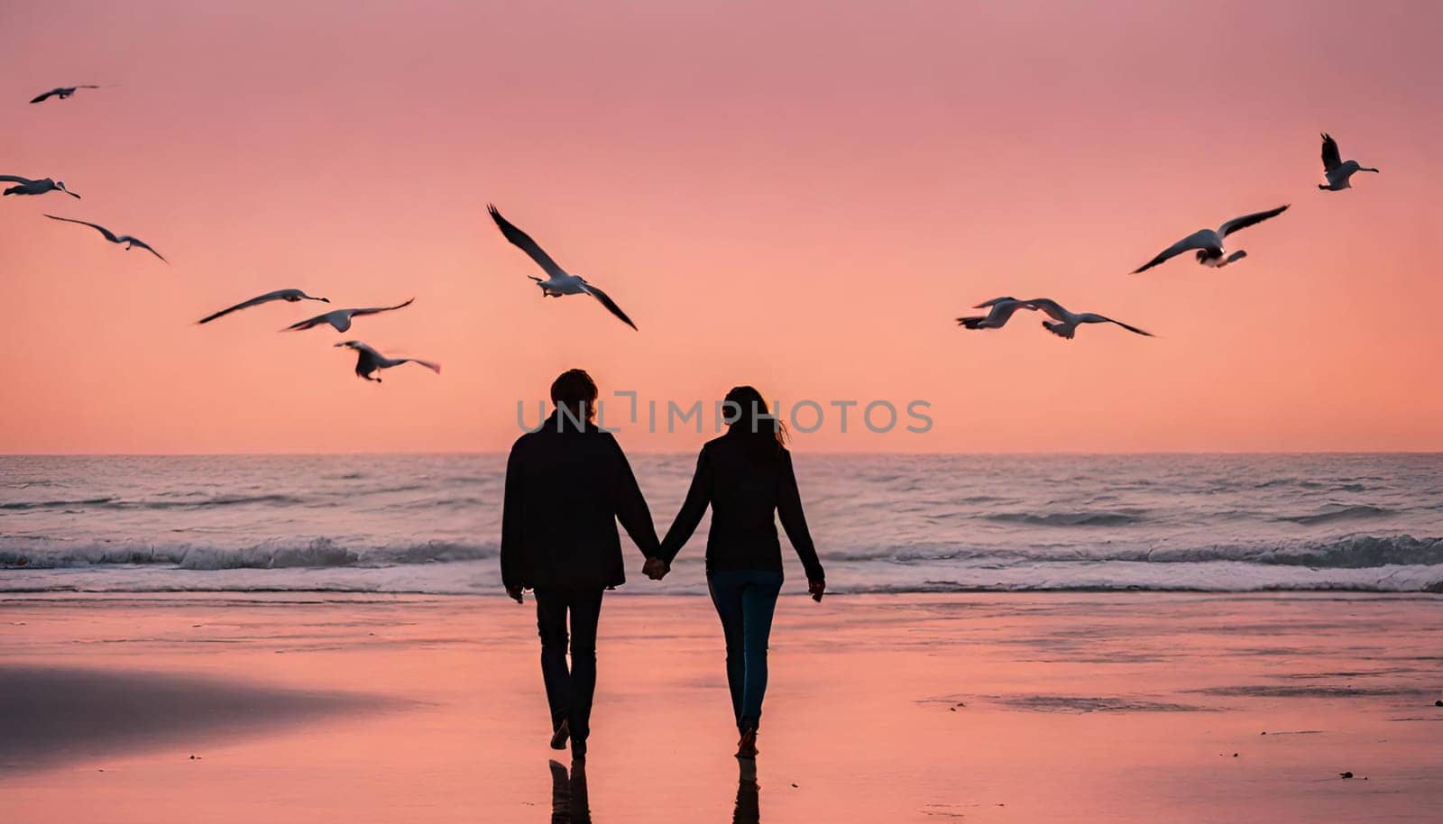 A couple holding hands and walking on a beach at sunset. The sky is orange and pink, and the ocean is calm. There are some seagulls flying in the distance. Happy Valentine's Day