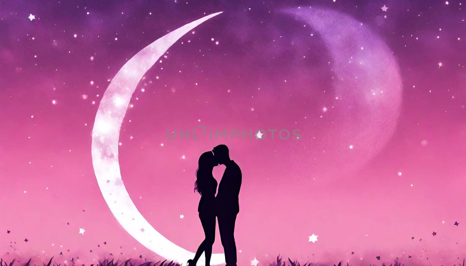 valentine's Day. A pink and purple sky with a crescent moon and stars. with a couple holding hands and kissing in the foreground.Happy Valentine's Day c