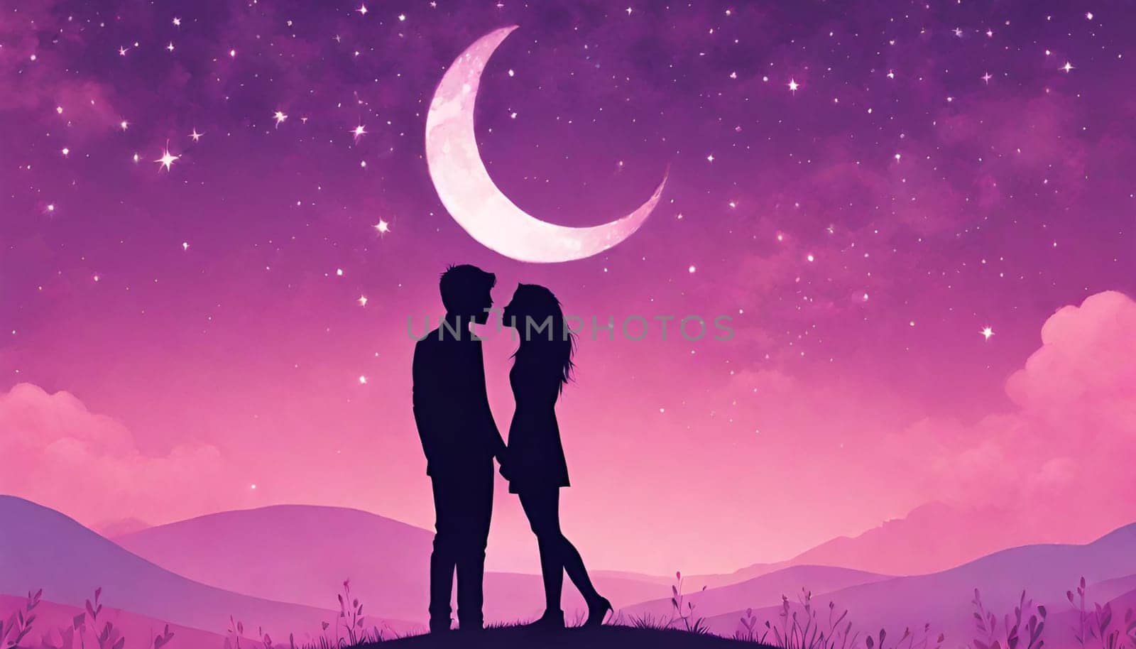 valentine's Day. A pink and purple sky with a crescent moon and stars. with a couple holding hands and kissing in the foreground.Happy Valentine's Day by Designlab