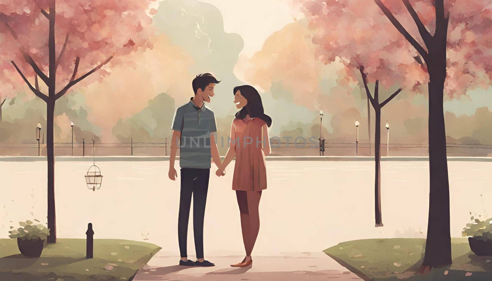 A couple holding hands and smiling at each other in a romantic park. The beautiful surroundings of a park add to the romantic atmosphere. Happy Valentine's Day. by Designlab
