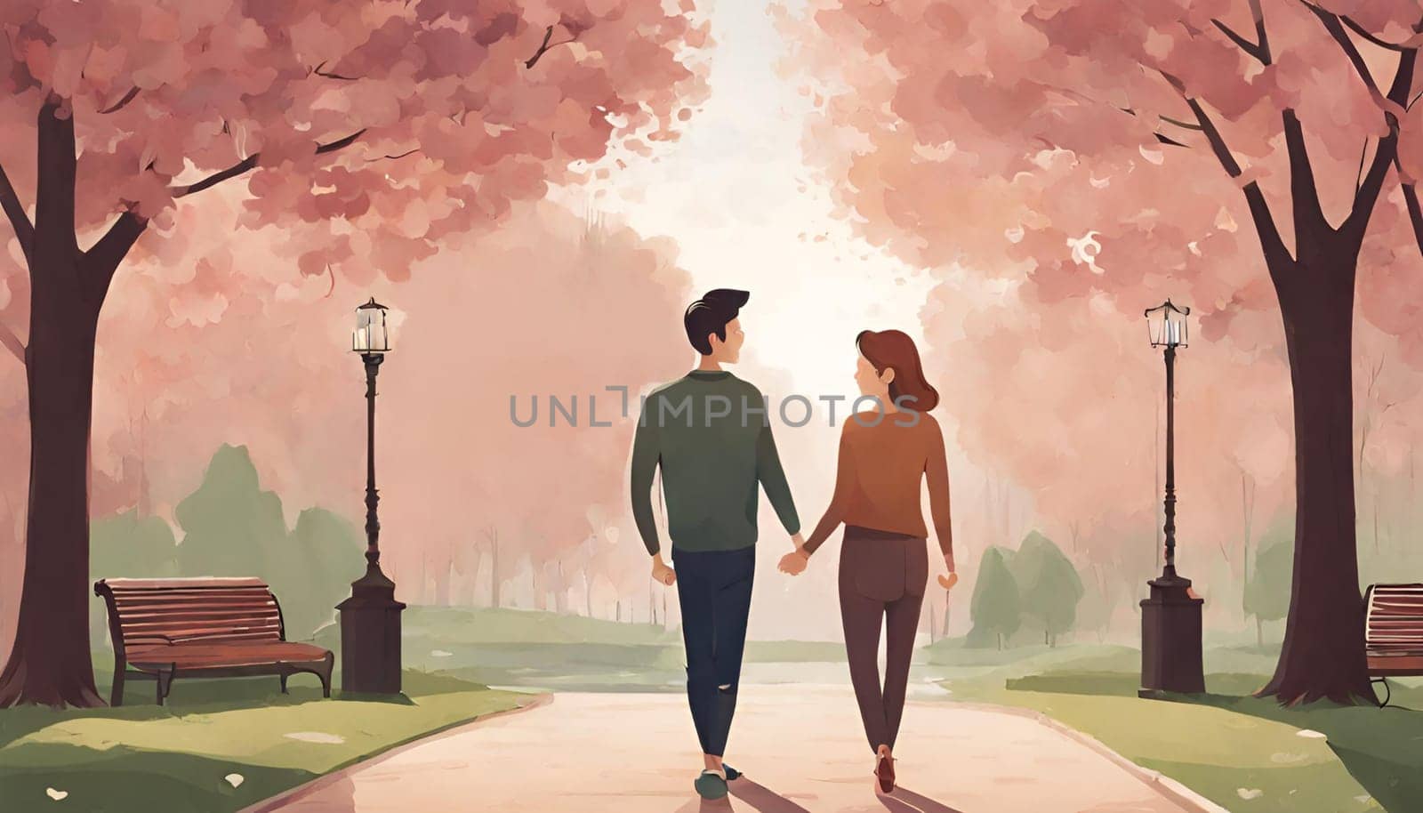 A couple holding hands and smiling at each other in a romantic park. The beautiful surroundings of a park add to the romantic atmosphere. Happy Valentine's Day by Designlab