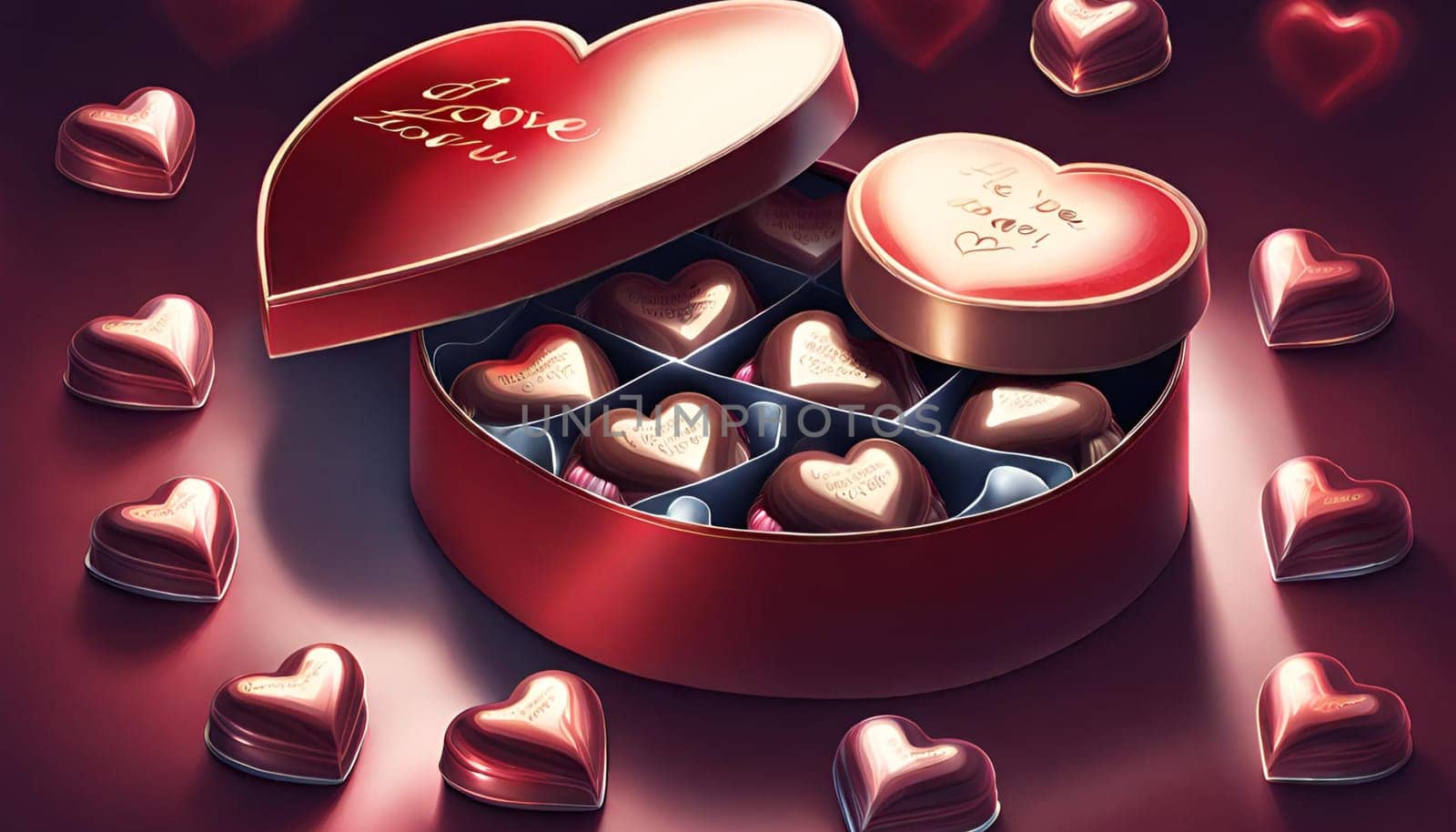 valentine's Day. A heart-shaped box of chocolates wrapped in red foil.Happy Valentine's Day c