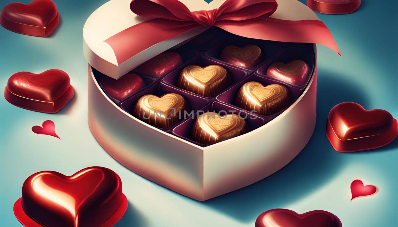 valentine's Day. A heart-shaped box of chocolates wrapped in red foil.Happy Valentine's Day.