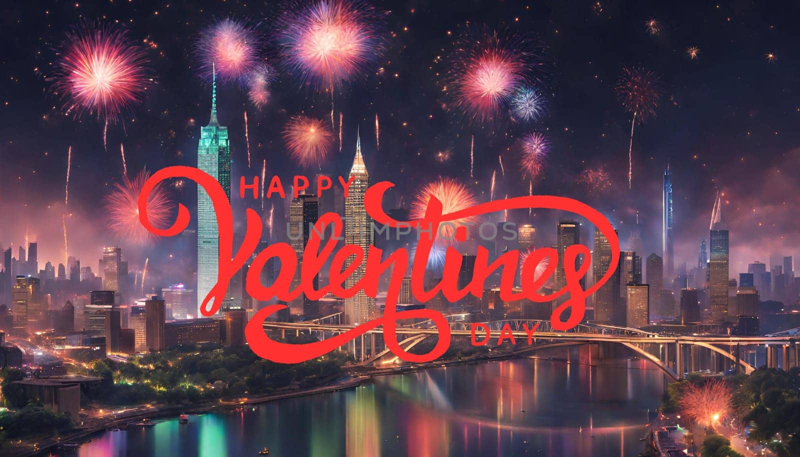 valentine's day. A city skyline at night with colorful lights and fireworks. The buildings are tall and modern, and the sky is dark and starry. by Designlab