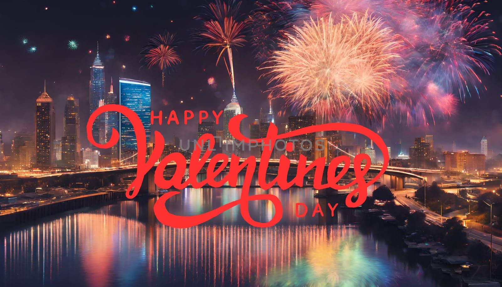 valentine's day. A city skyline at night with colorful lights and fireworks. The buildings are tall and modern, and the sky is dark and starry. c
