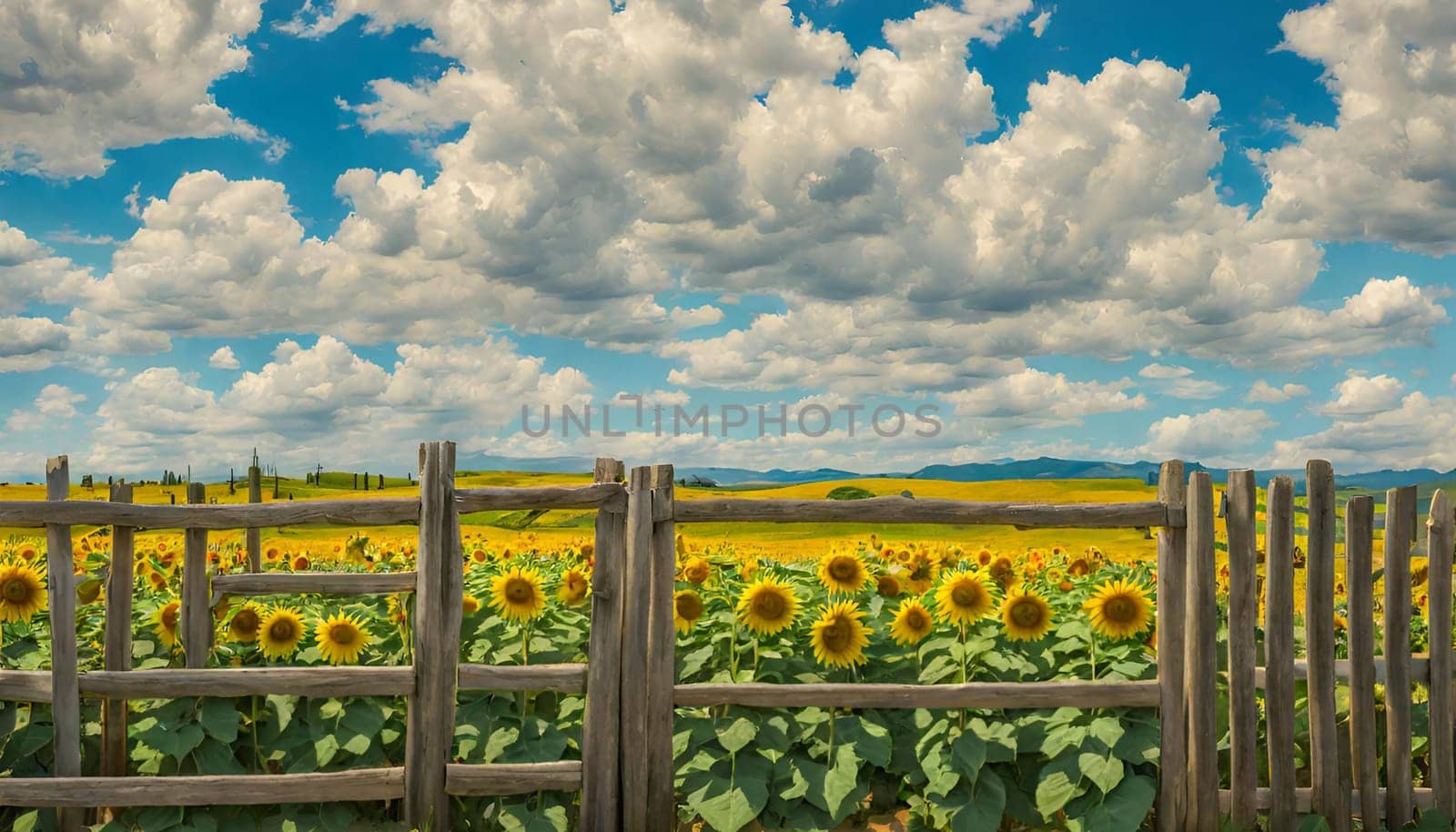 valentine's Day A field of sunflowers under a blue sky with white clouds. The sunflowers are yellow and bright. Happy Valentine's Day by Designlab