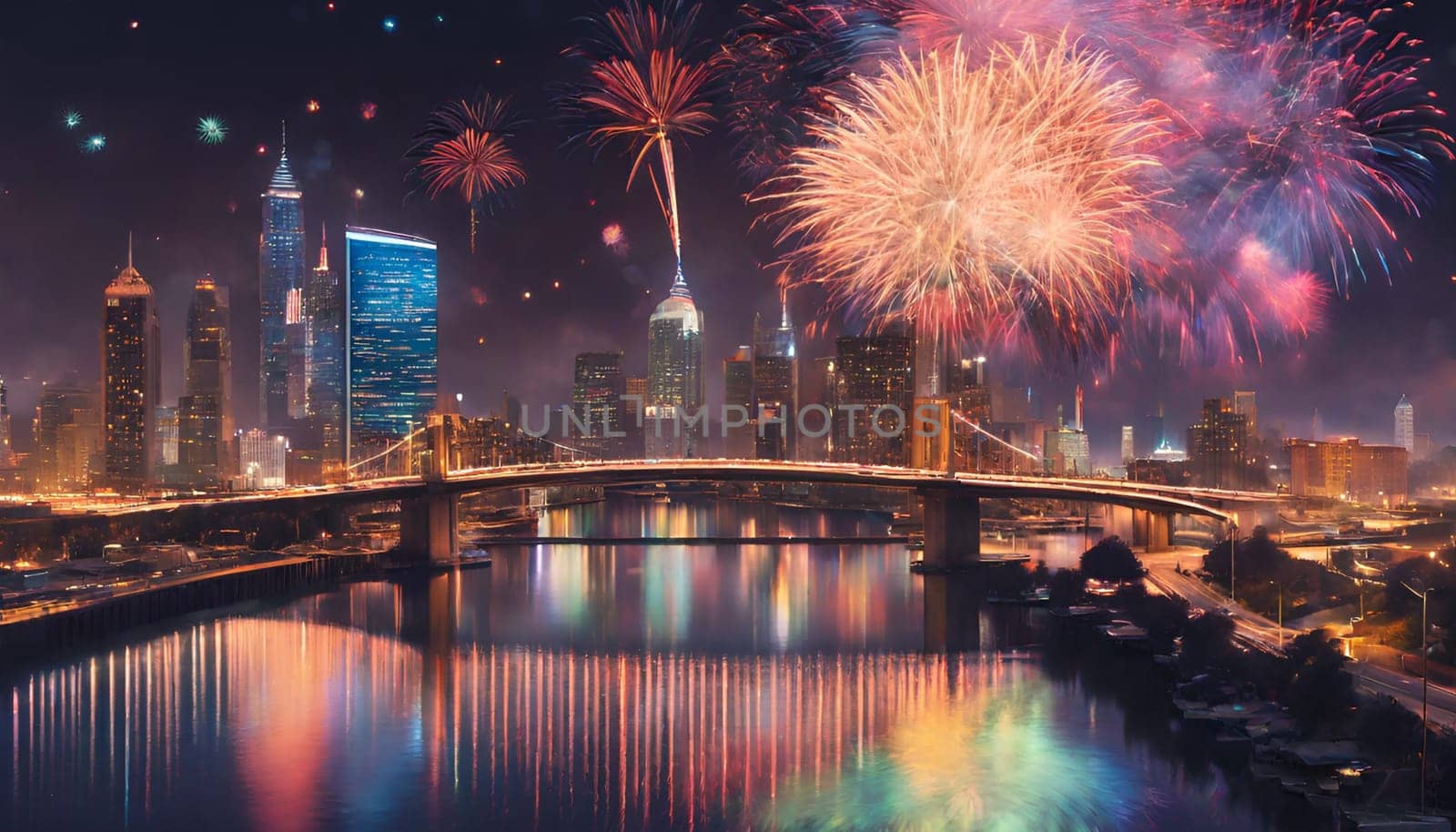 valentine's day. A city skyline at night with colorful lights and fireworks. The buildings are tall and modern, and the sky is dark and starry. by Designlab