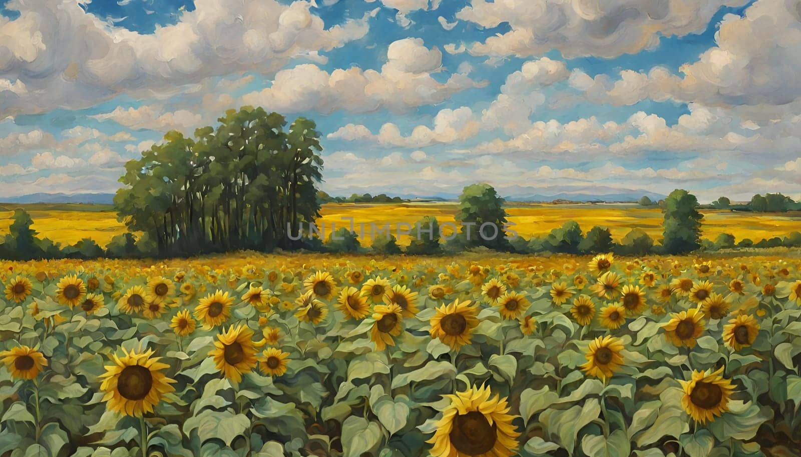 valentine's Day A field of sunflowers under a blue sky with white clouds. The sunflowers are yellow and bright. Happy Valentine's Day by Designlab