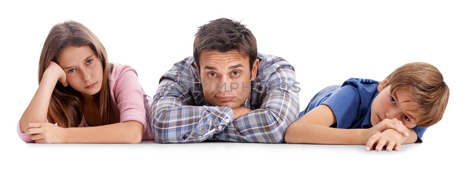 Floor, bored and portrait of father with children on a white background for bonding, relationship and love. Family, parenthood and unhappy dad, girl and boy for rest, care and relaxing in studio.