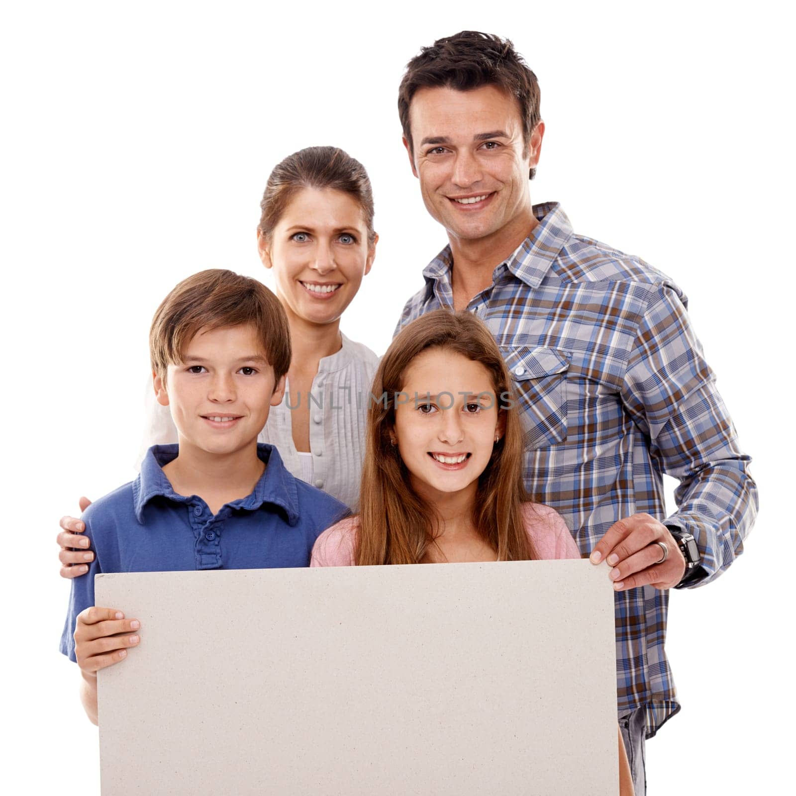 Parents, kids and studio with blank poster in portrait with smile for bonding, love and space by white background. Mother, father and children with mockup, promotion or happy for family with security by YuriArcurs