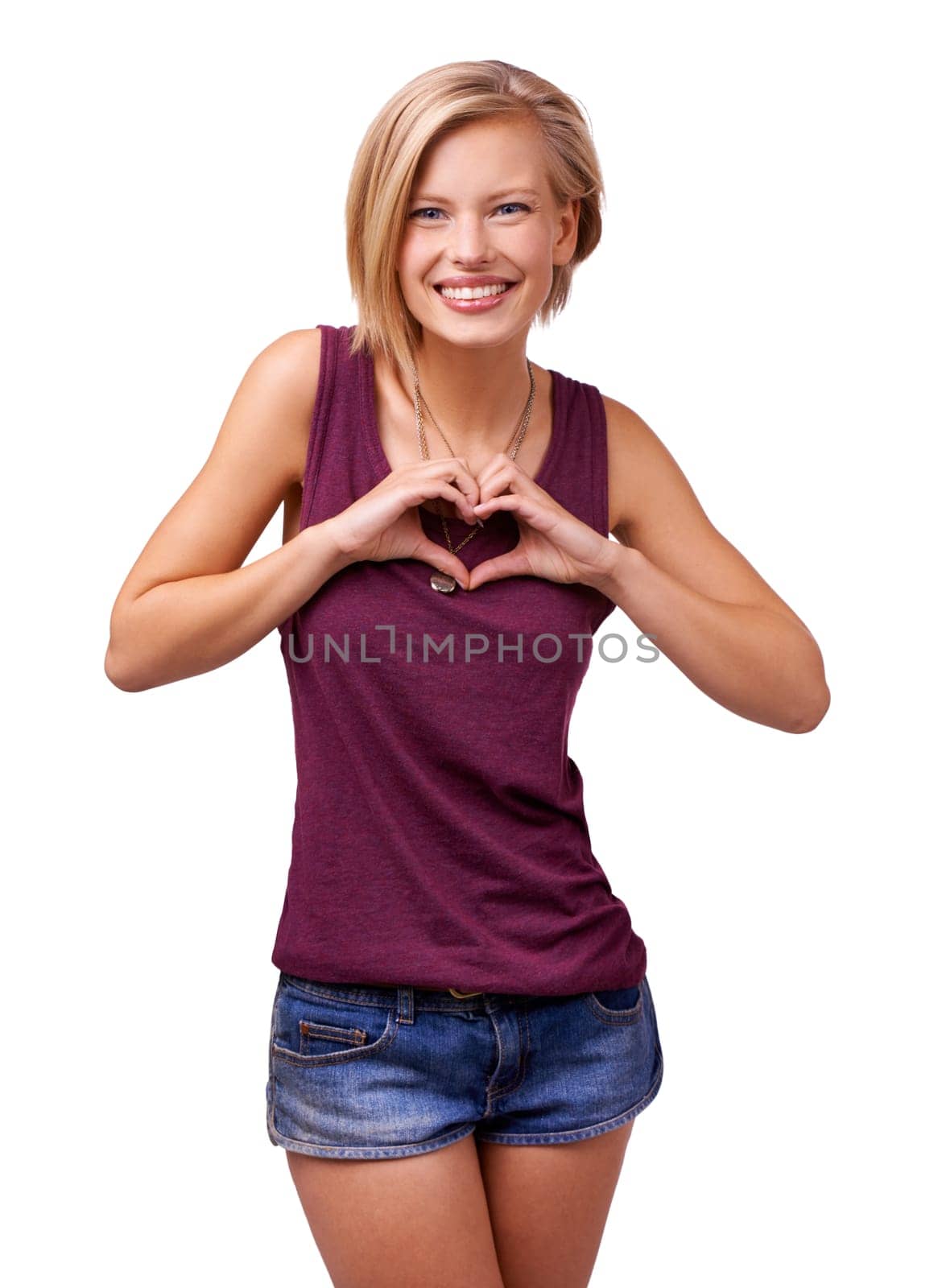 Happy woman, portrait and heart hands with love in care, support or romance on a white studio background. Young female person, blonde or model with smile, like emoji or shape sign of romantic gesture.