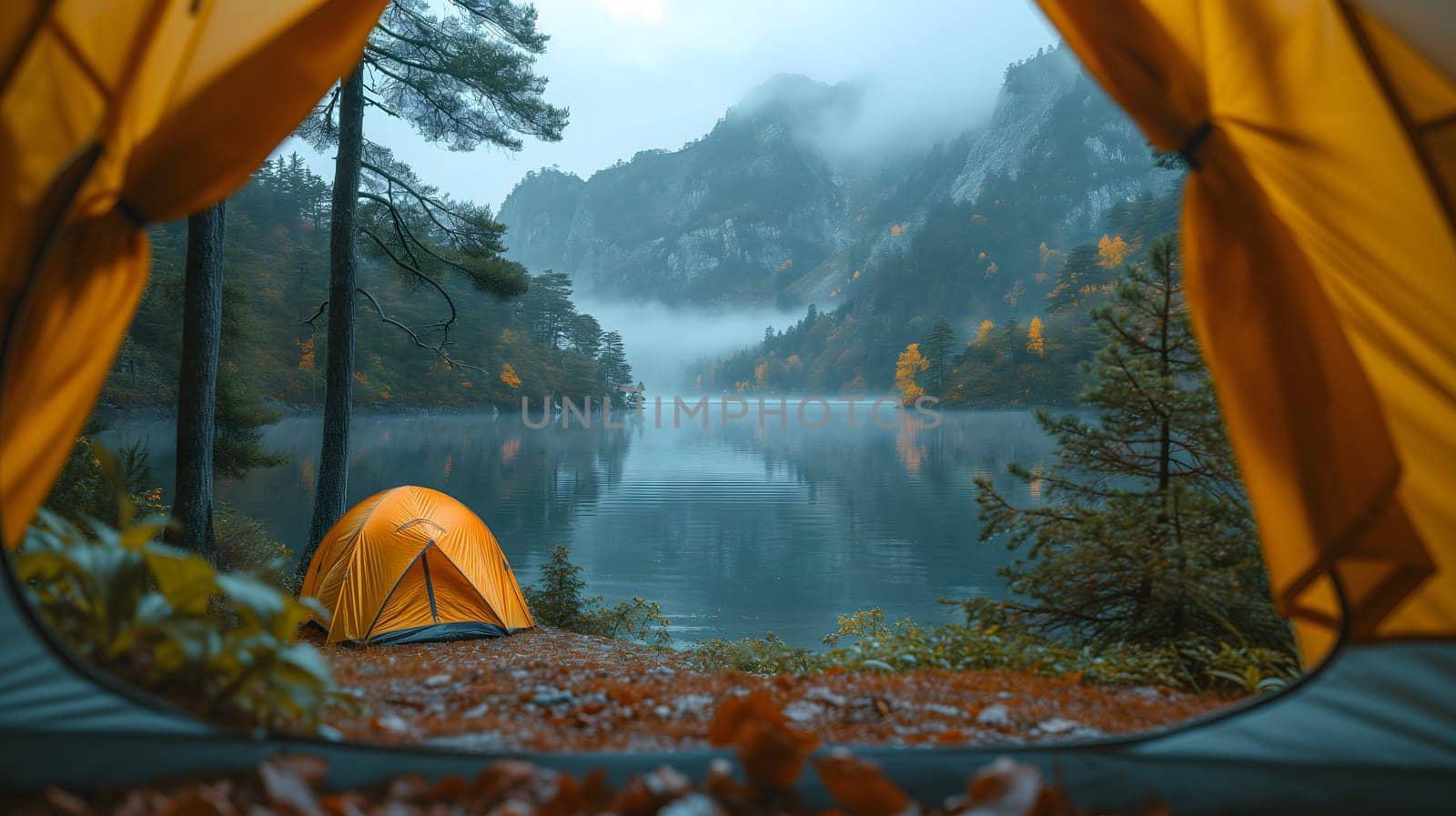Close-up of a tent in the foreground and mountains with fog in the background with a lake or river in the foreground. Neural network generated image. Not based on any actual scene or pattern.