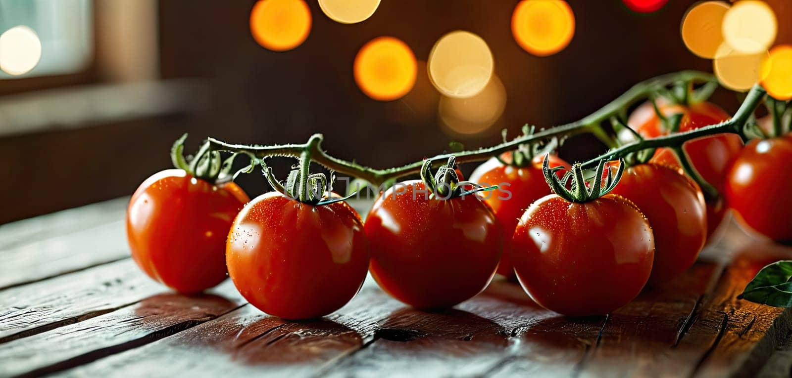 Red tomatoes on rustic wooden table, Water droplets suggest farm-to-table freshness of organic produce.