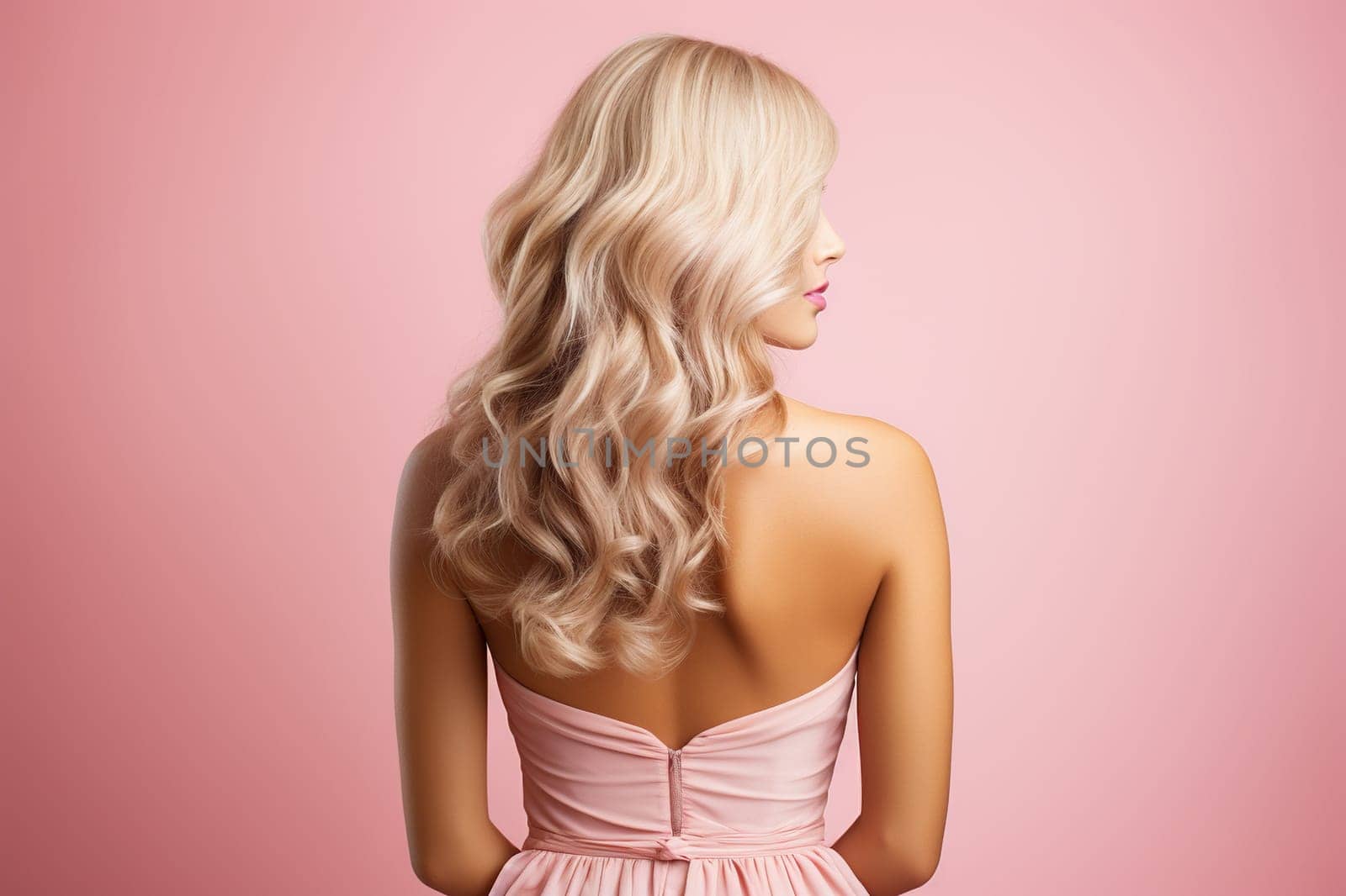 Rear view of a slender blonde woman in a pink dress against a pink wall. Generated by artificial intelligence by Vovmar