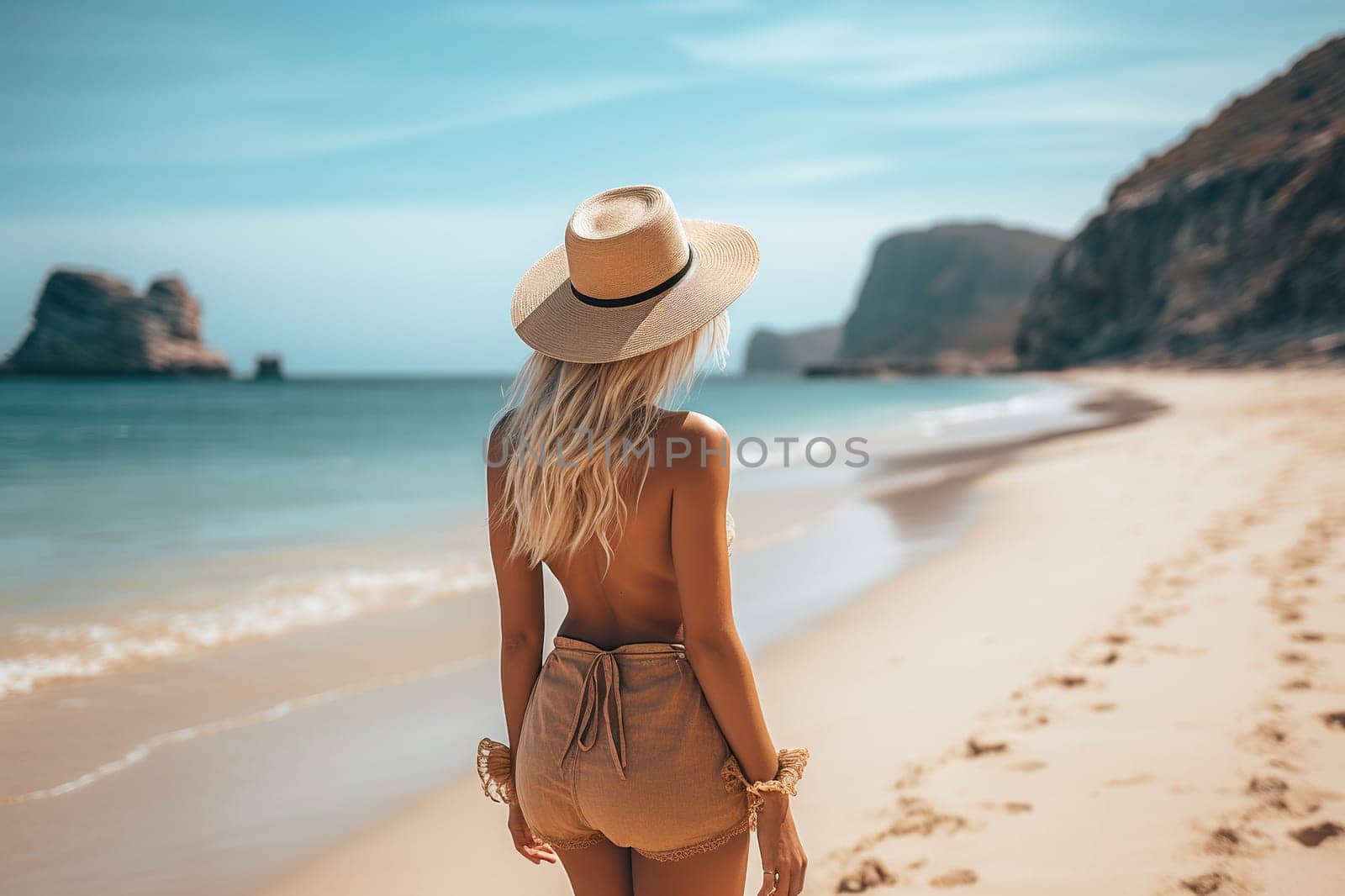 Rear view of a blonde woman in a summer outfit and a hat on a beach.