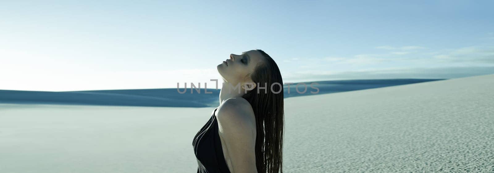 Woman, fashion and dune in desert for aesthetic with edgy style, dress or mystery in nature sunshine. Girl, person and model with thinking on sand, hill or profile by horizon with memory in summer by YuriArcurs