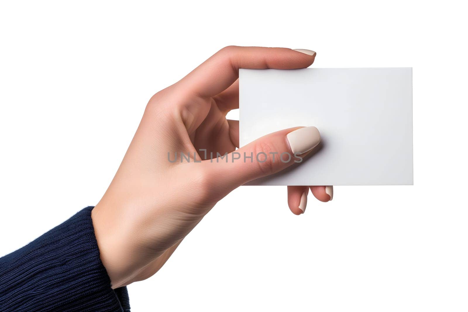 Woman Hand holding blank business card on white background. Neural network generated image. Not based on any actual scene or pattern.