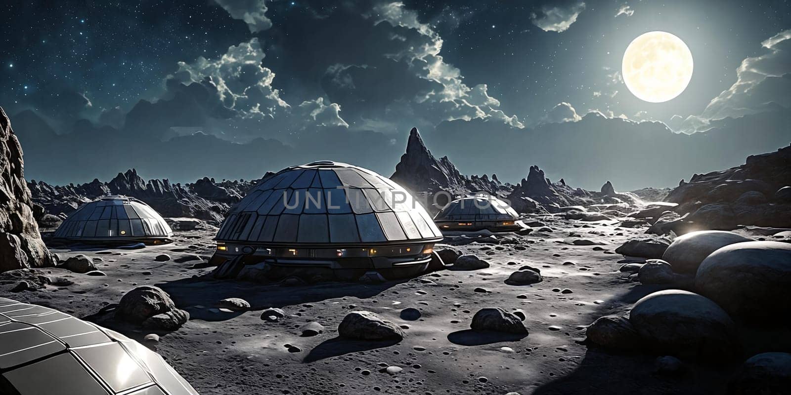 Welcome to the lunar colony. Picture modular habitats, solar panels, lunar rovers exploring the rugged terrain. Star-filled skies mesmerize above.