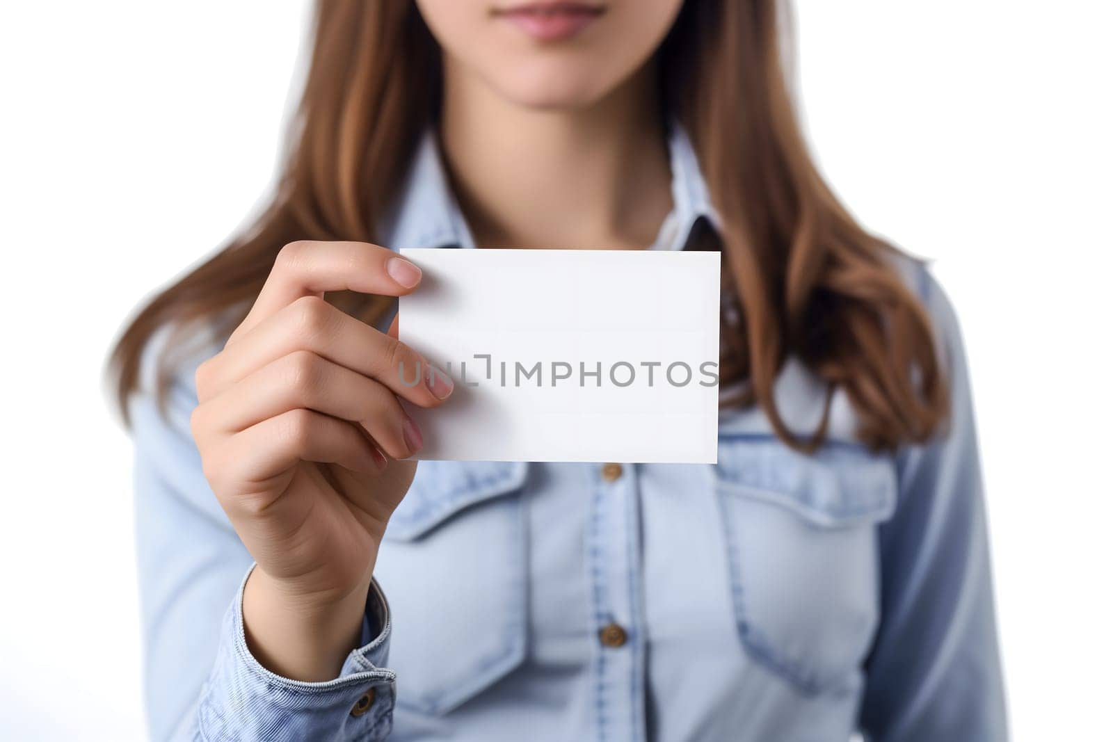 Long-haired young adult Caucasian woman Hand holding blank business card on white background. Neural network generated image. Not based on any actual scene or pattern.