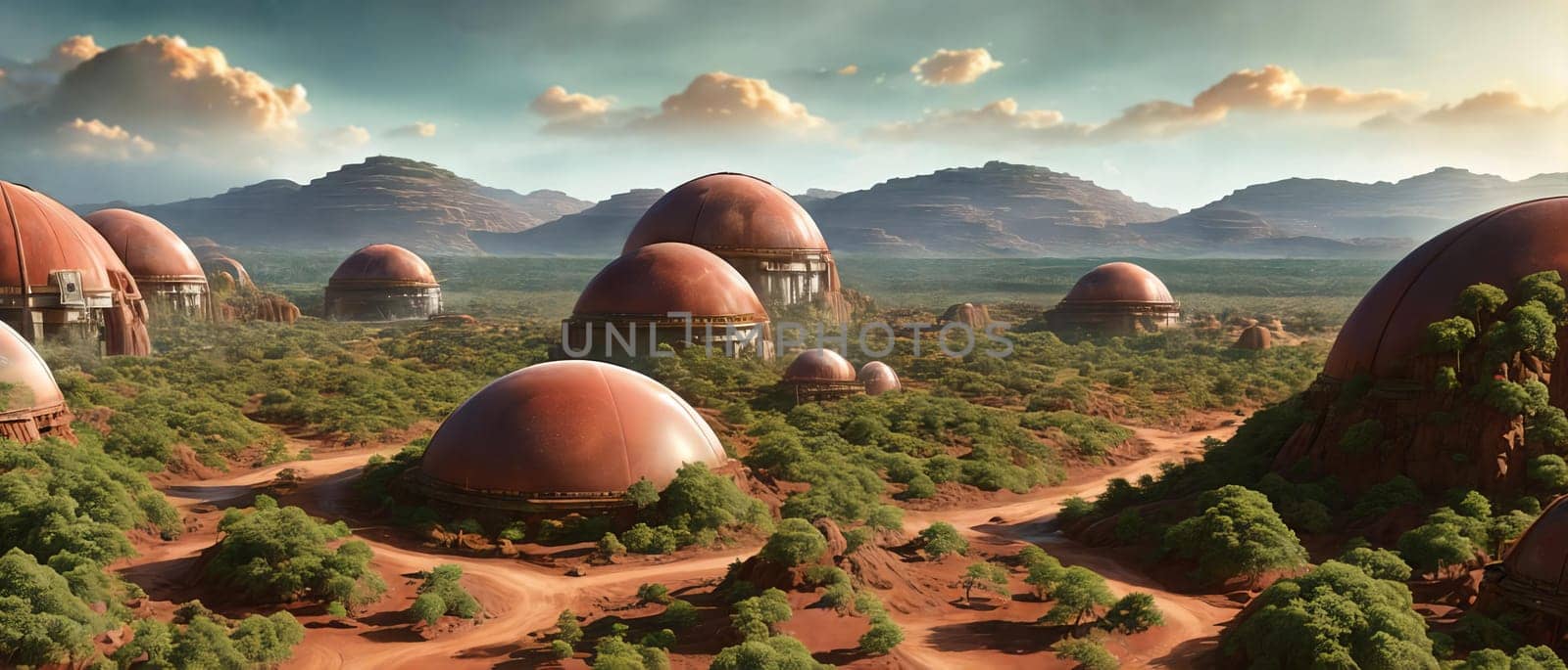 A breathtaking digital artwork of a transformed Mars settlement in the future, showcasing domed habitats, terraforming machinery, and abundant greenery changing the red planet into a livable world.