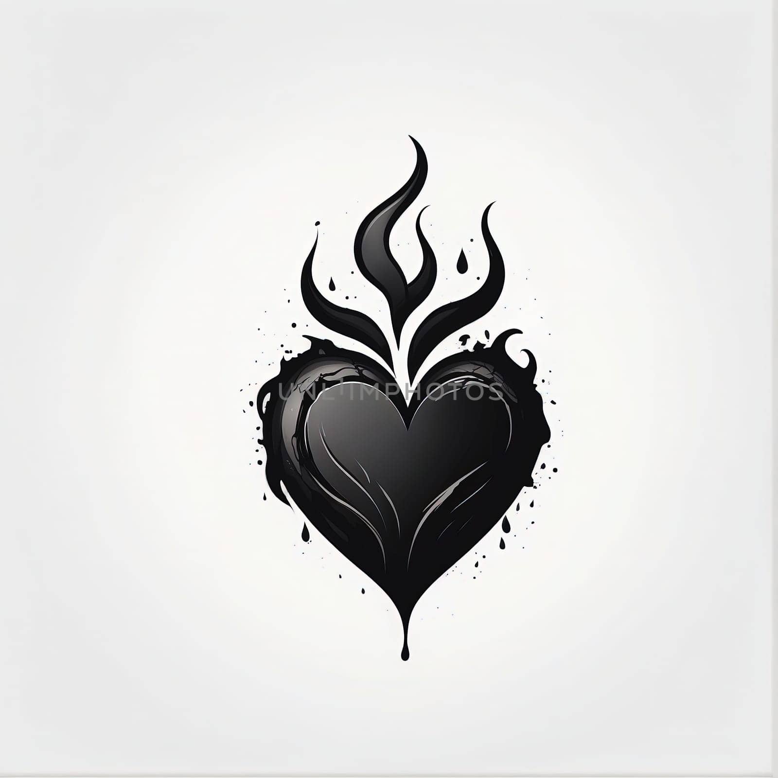 Black heart with fire in grunge style on white background, vector illustration. Generative AI.