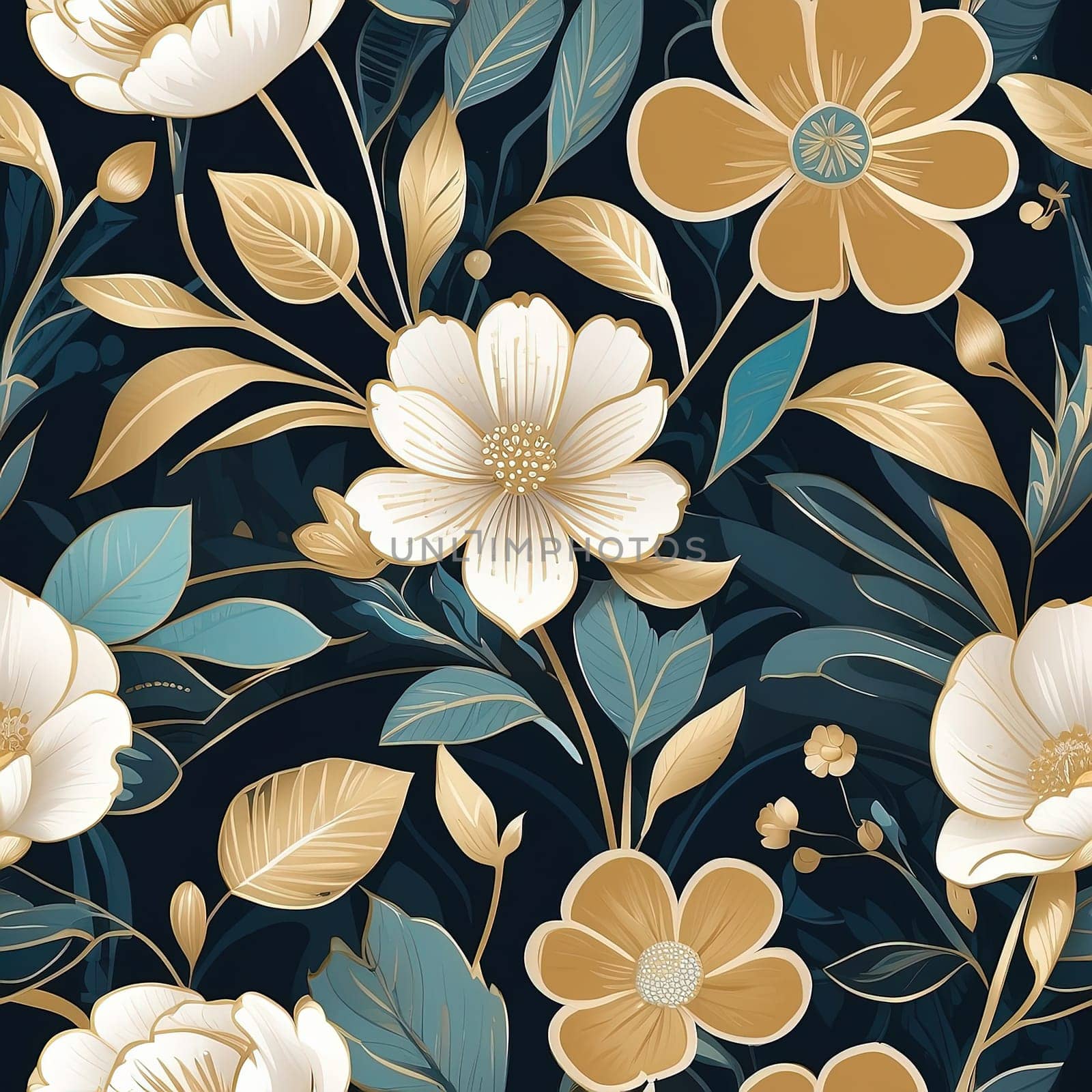 Seamless pattern with gold flowers and leaves on dark blue background by Waseem-Creations