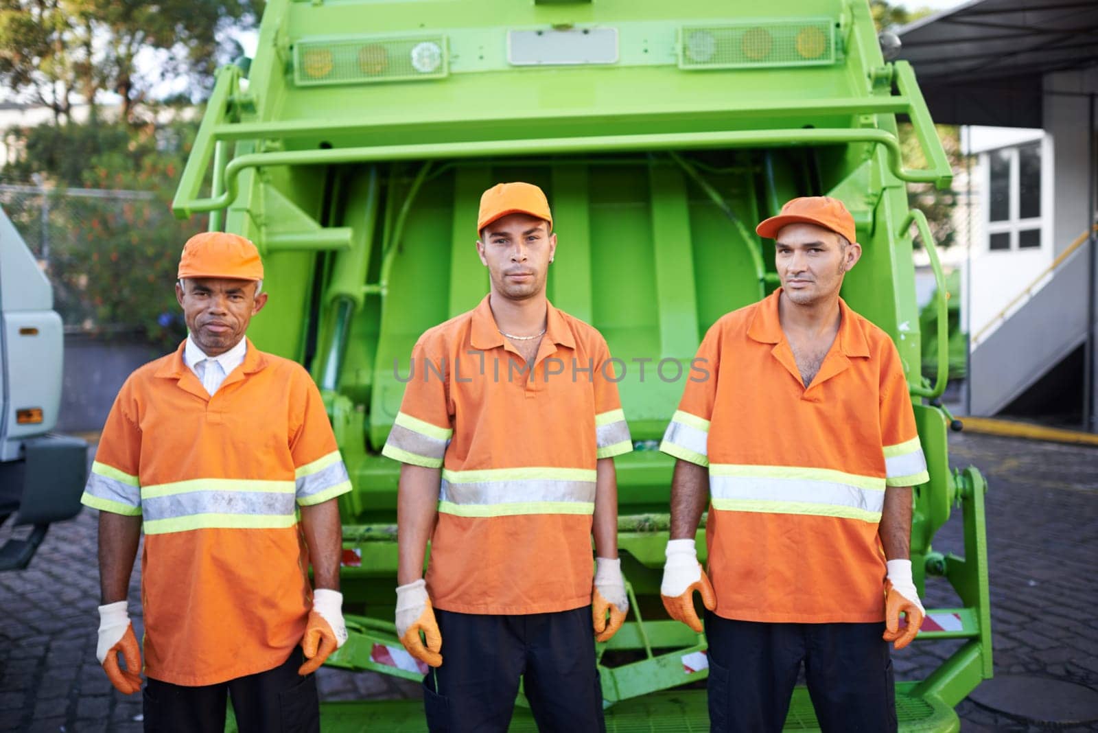 Men, garbage truck and portrait or collection service in city or waste management or pollution, plastic or environment. Teamwork, face and dirt transportation in New York or sanitation, junk or trash.