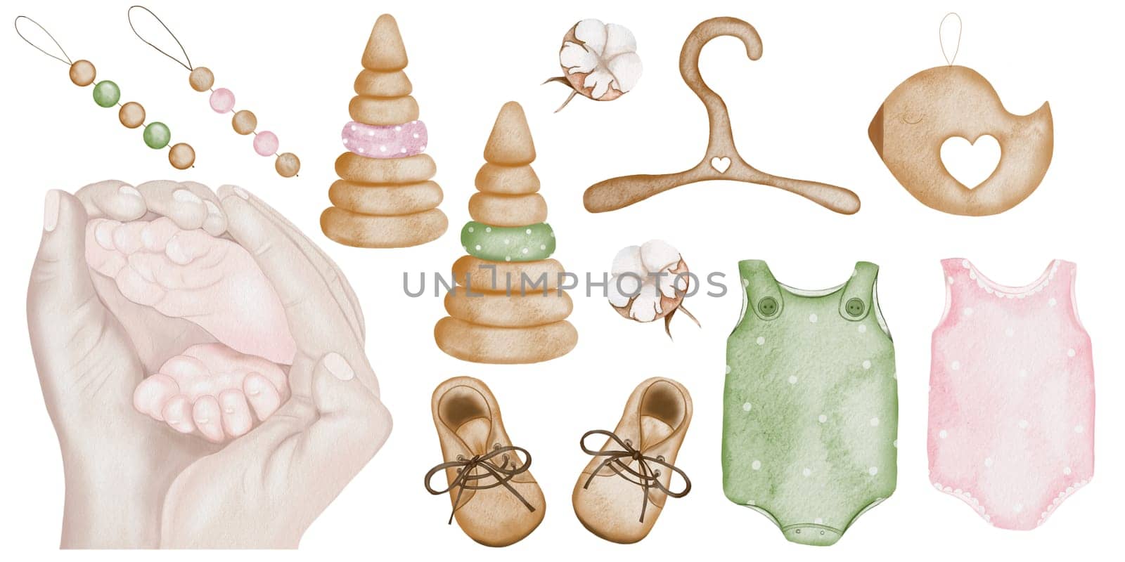 A set of accessories and toys for a newborn in a vintage style. Watercolor boho drawings of children's clothing, shoes, toys and mother's hands holding the baby's legs. Clipart for design of cards and posters for baby shower and birth. High quality illustration