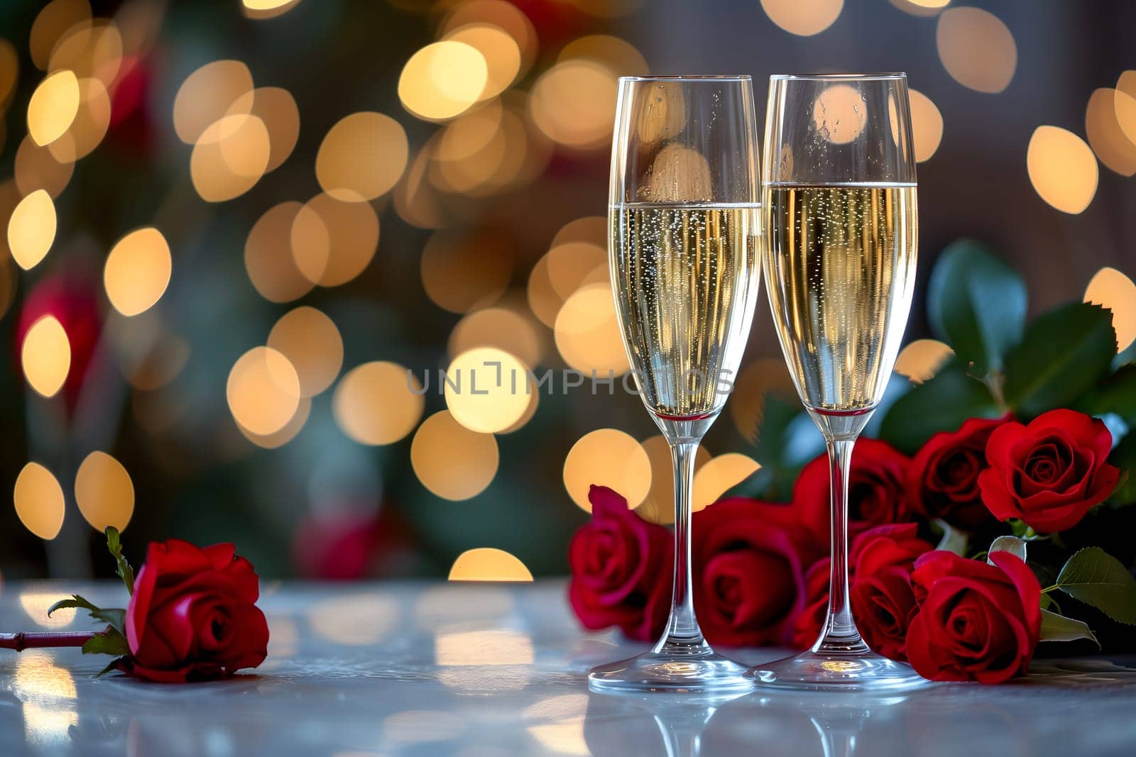 glasses with sparkling wine or champagne and red roses on table with bokeh lights in the background by z1b