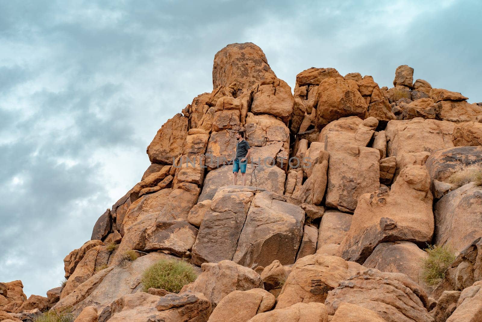 Young man on top of Joshua Tree rocks feeling free in the amazing landscape. by PaulCarr