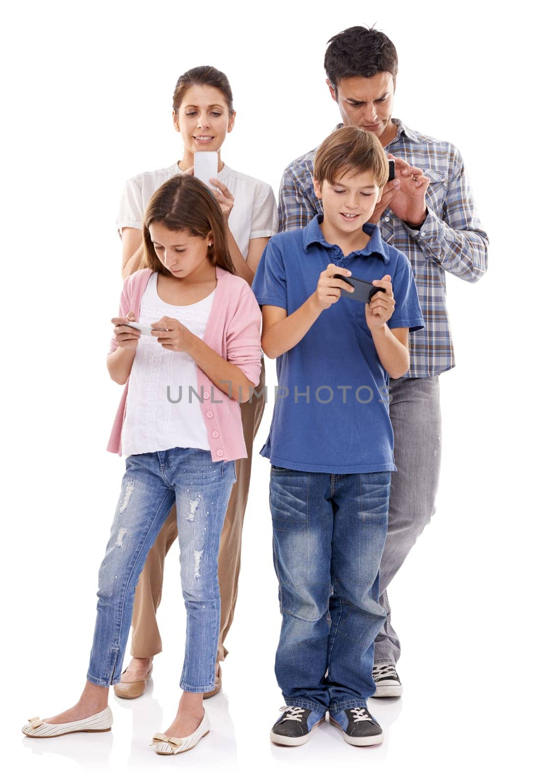 Family, phone and online in studio for communication with text message, conversation and video streaming. Father, mother and children with smartphone, technology and mobile chat on white background.