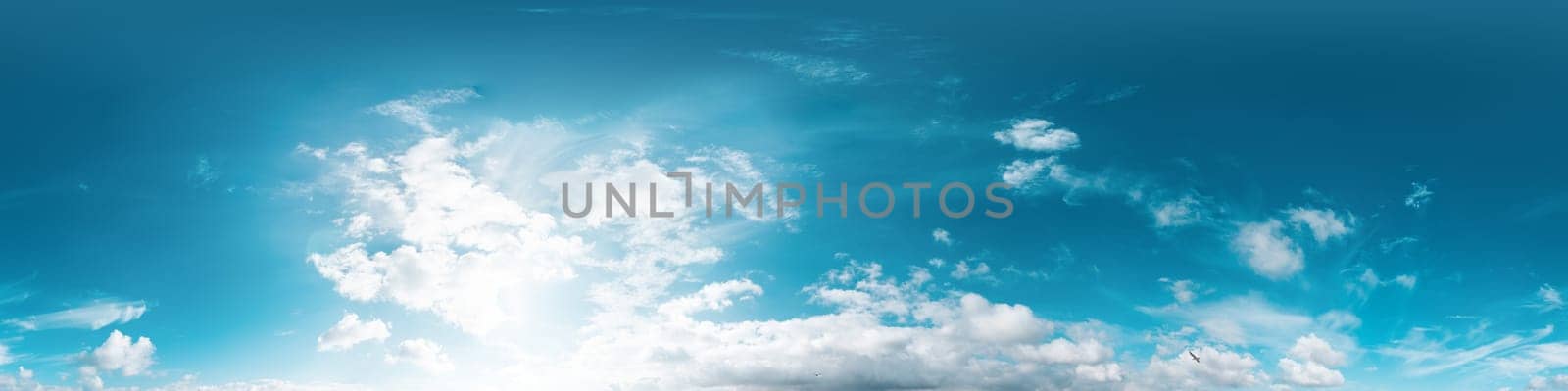 Clear blue summer sky panorama with Cumulus clouds. Seamless hdr spherical 360 panorama. Sky dome in 3D visualization, sky replacement for aerial drone 360 panoramas. Weather and climate change by panophotograph