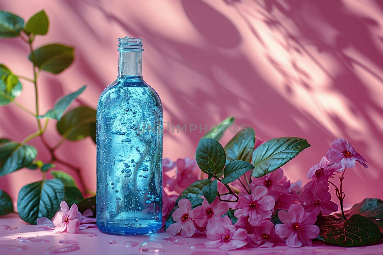 Purple flowers next to a blue water bottle on a pink table by richwolf