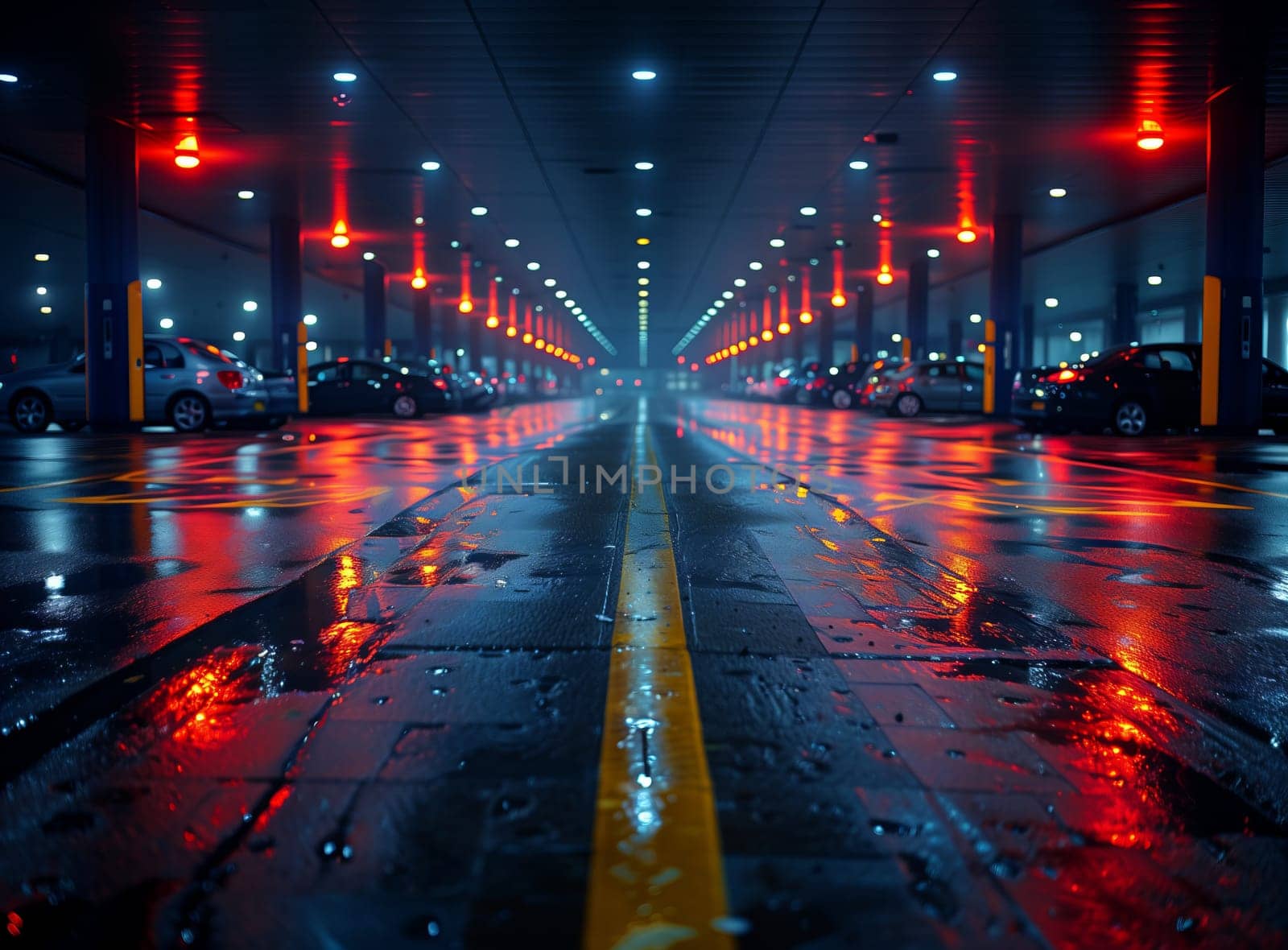 Automotive lighting illuminates a parking garage filled with cars at midnight by richwolf