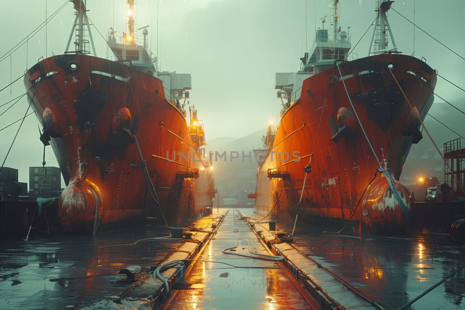 Two ships anchored in a harbor on a rainy day, under a cloudy sky by richwolf